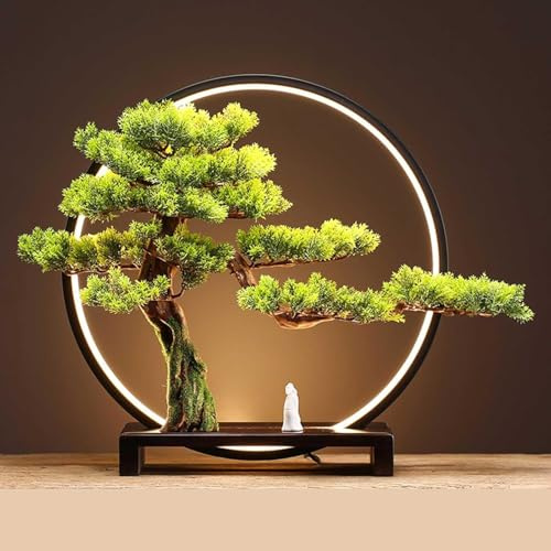 Künstlicher Bonsai Baum Mit Led Lampe, Massivholzsockel, Realistisches Willkommen Kiefer Topf Pflanze Ornament, Simulation Bonsai Grüne Pflanze, F