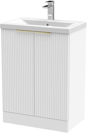 Balterley Vanity Unit with Basin Floor Standing, Soft Close 2 Door with Mid Edge Sink, Bathroom Vanity Units with Basin, Fluted Front Bathroom Sink Cabinet - 610 x 390 x 850mm (White)
