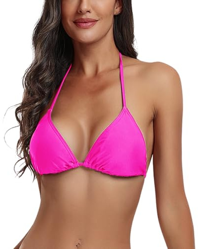 FITTOO Neon Pink Bikini Top for Women Sexy Triangle Bikini Top with Adjustable Strings Swimwear Pink S