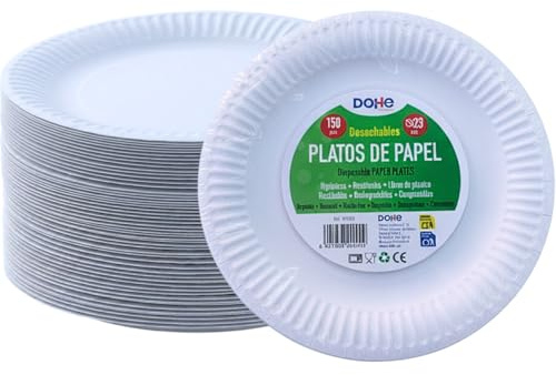 DOHE Horeca - Platos Desechables Blancos (150 uds.) - Tamaño 23 cm, Formato Redondo, Platos de Papel Planos para Fiestas, Cumpleaños, Celebraciones