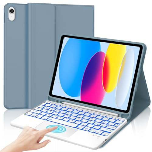 Tastiera per iPad A16 11 Generazione 11 2025/10 Generazione 2022 10.9 | Cover Keyboard Touchpad con 7 Colori Illuminato Bluetooth Staccabile, Italiano QWERTY, Custodia con Portapenna, Blu grigio