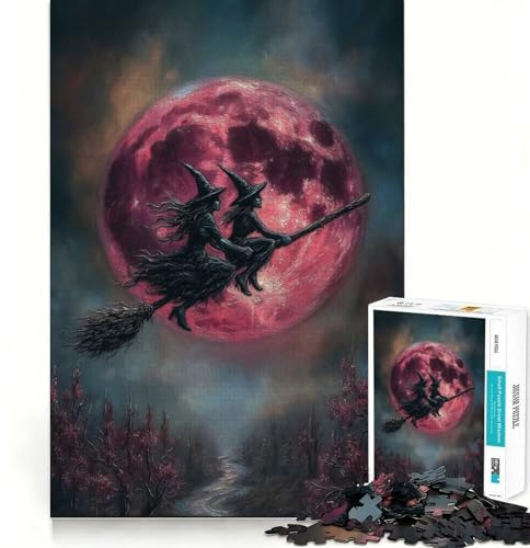 Witches Flying on Broomstick with Red Moon Jigsaw 1000 Pieces for Adults Memory Fun Game Expert Cutting Craftsmanship Relaxing Indoor Group Activity (38x26cm)