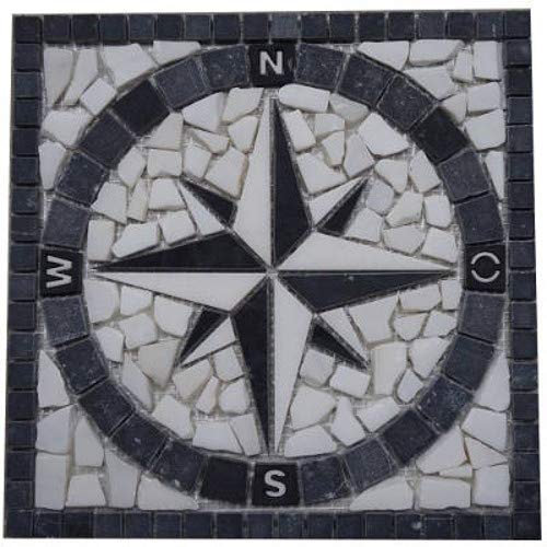 Medaglione per piastrelle 30 x 30 cm bussola con mosaico in marmo nero e bianco