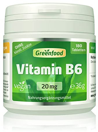 Vitamin B6, hochdosiert, 20mg - 180 Tabletten, vegan. Pyridoxin - unterstützt den Energiestoffwechsel, verringert Müdigkeit & Ermüdung. OHNE künstliche Zusätze - laborgeprüft. Von Greenfood.