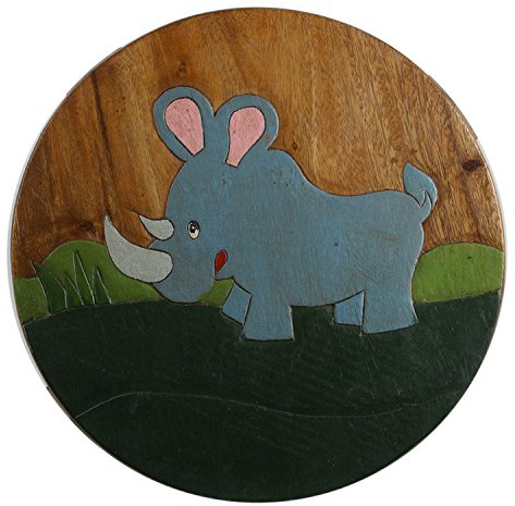 ART-CRAFTKH069 Kinderhocker Holz Schemel mit Motiv Nashorn bemalt und beschnitzt extra große Sitzfläche Ø 30cm LxBXH = 30x30x27cm