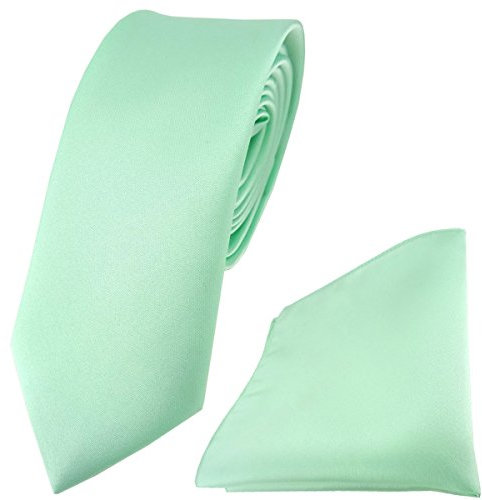 TigerTie - schmale Satin Krawatte + Einstecktuch in mint Uni einfarbig - Schlips Binder