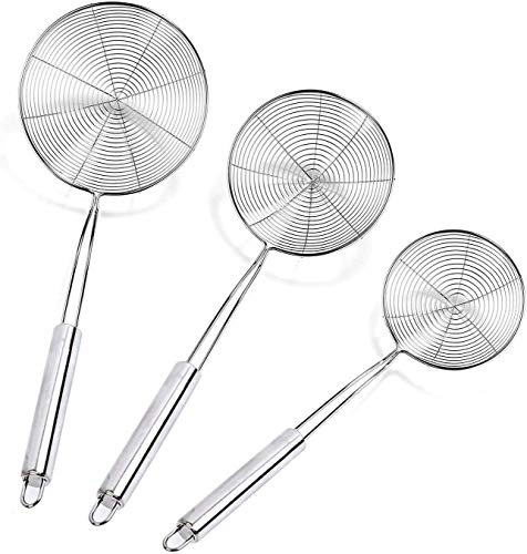 Cymax Set di 3 Setaccio skimmer in acciaio inox, 12cm, 16cm e 20cm, Skimmer a filo con maglia a spirale, Cucchiaio schiumatoio a manico professionale per scaldavivande/pasta/patatine