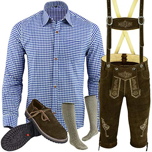 Speed4allkinds Herren Trachtenlederhose Trachtenset Lederhose Trachten Set Hemd Schuhe Socken 5 teiliges Trachten Set