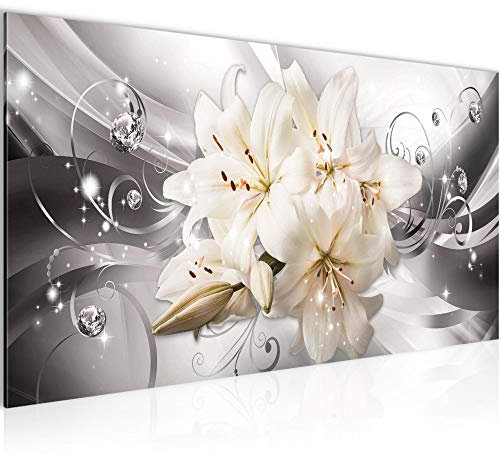 Runa Art Wandbild Blumen Lilien 1 Teilig 100 x 40 cm Modern Bild auf Vlies Leinwand Abstrakt Wohnzimmer Grau Beige 020112c