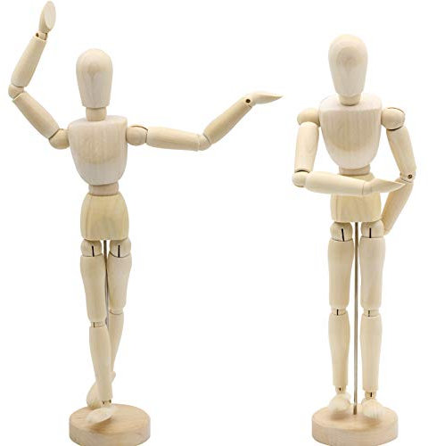2 Stück Holzpuppe 30 cm, Zeichenschaufensterpuppe mit flexiblen Gelenken, hölzerne menschliche Künstler, Schaufensterpuppe mit Ständer, perfekte Mal- und Zeichenhilfe, Künstler-Skizzenzeichen-Modell