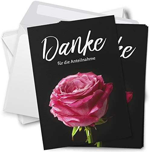 Trauer Danksagungskarten mit Umschlag | Motiv: Rosa Rote Rose, 10 Stück | Dankeskarten DIN A6 Set | Trauerkarten Danksagung Danke sagen