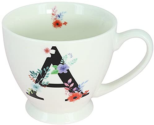 G Decor White Floral, 350ml, Alphabet A-Z Ceramic Tea Coffee XL Cup Mug, Novelty Drinkware for Morning or Evening Drink (A)