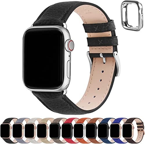 Fullmosa Compatible with Apple Watch Straps 41mm 40mm 38mm, Genuine Leather iWatch Replacement Bands with Case for Series 9/8/7/6/5/4/3/2/1/SE/SE2 for Women Men, Noir Black+Silver Buckle