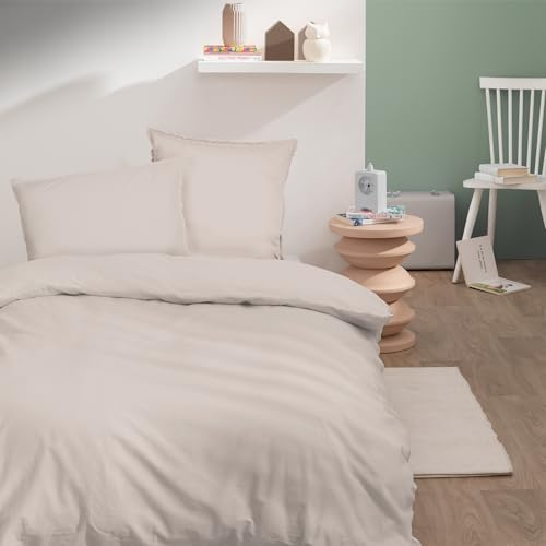MATT & ROSE Housse de Couette Coton LAVÉ Unie 100% Coton | Coloris Lin | 140x200 cm | Chambre enfant, lit 1 place | Coton lavé doux au toucher | Fermeture boutons | Certifié Oeko-Tex