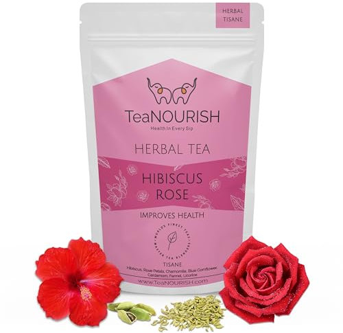 TeaNOURISH Hibiscus Rose Herbal Tea | CAFFEINE-FREE | 100% NATURAL | Hibiscus, Rose, Chamomile, Blue Cornflower, Fennel, Licorice | Brew Hot or as Iced Tea- 1.76oz/50g