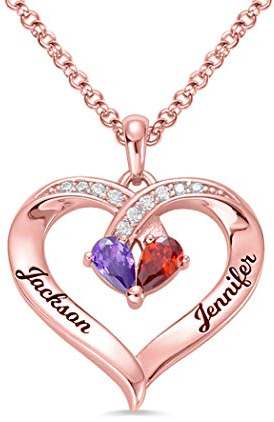 Personalised Birthstone Heart Sterling Silver Promise Necklace with Engraving Names - Birthstone Heart Pendant Name Necklace Birthday Jewelry Gift for Her