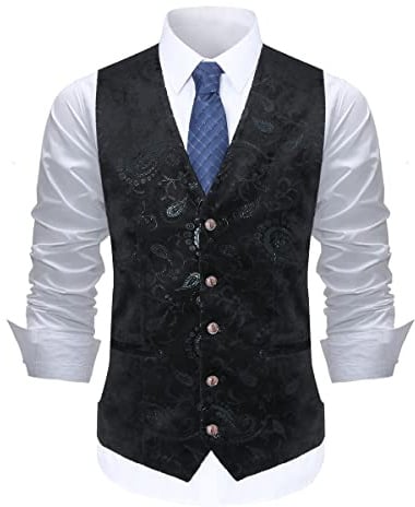 Allthemen Herren Weste Jacquard Anzugweste Paisley Hochzeit und Party | Westen, Gilet, Pailletten, Gold, Smoking, Abendessen Weihnachten, Floral, Stickerei, Slim Fit, Ärmellos