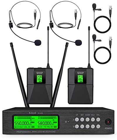 Kimyah Wireless Lavalier and Headset Microphone System,Dual UHF Cordless Bodypack Mics, 2 Lavalier and 2 Headset Microphones, 328ft Range,Ideal for Church and Teaching, Lecture(KY-6208)