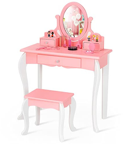 COSTWAY Kinder Schminktisch mit Hocker, Prinzessin Frisiertisch mit 3 Schublade & 360 ° drehbarem Spiegel, Frisierkommode Schminkkommode für Mädchen (Rosa)