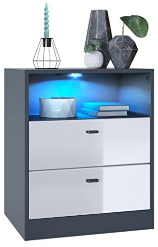 Vladon Kommode Pino V1, Made in Germany, Nachttisch mit 2 Schubladen & 1 offenem Fach, Anthrazit matt/Weiß Hochglanz mit LED RGB (56 x 67,5 x 36 cm)