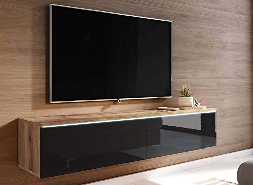 DecoInParis Meuble TV chêne Vieilli et Noir laqué avec LED 2 Portes Malorie- 140 cm