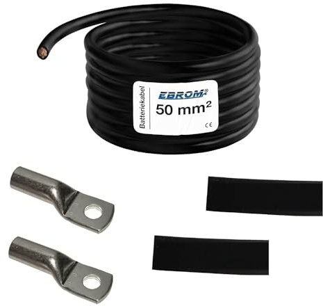 EBROM Batteriekabel „DIY SET MASSEKABEL SCHWARZ 50 mm² 50cm Schuh 2xM10 | Von 30cm bis 10m, 50 mm2 Masse Kabel Ringösen Kabelschuhe M6/M8/M10/M12 kombinierbar + Schrumpfschläuche 99,9% OFC Vollkupfer