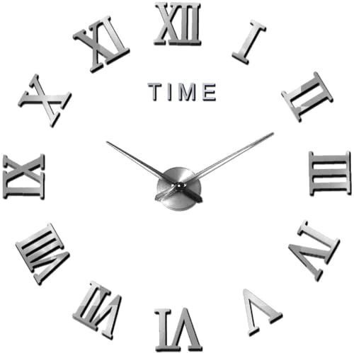 Shivanshun Orologi da Parete, Moderno DIY Numeri Romani Silenzioso,3D Adesivo Decorazione, Facile da Montare per Casa, Ufficio, Hotel ((Silver)