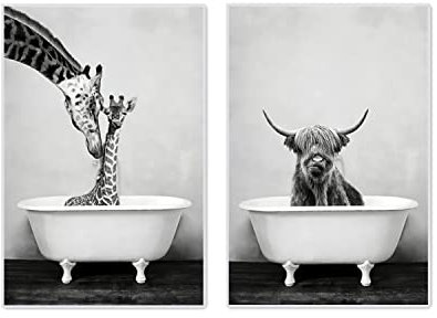 TROYSINC 2er Poster Set Wandbilder Hochland Kuh Bilder Schwarz Weiß Wandkunst in Badewanne, Badezimmer Bilder, Vintage Leinwand Bilder Poster,Ohne Rahmen (A,40x50cm)