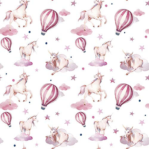 wandmotiv24 Fototapete Kinderzimmer Heißluftballon Einhorn, 300 x 210 cm - selbstklebende Vliestapete 150g, Wanddeko, Wandbild, Wandtapete, Aquarell Wolke Sterne Muster M5792