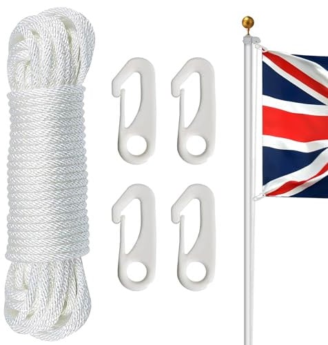 NQ Flag Pole Rope with Flag Pole Clip, 50FT/ 15M Nylon Flag Rope with 4 Pcs Flag Pole Clip Hooks, Flag Pole Halyard Rope Kit, Nylon Cord for Outdoor, Camping, Swing, Clothesline, Garden(White)