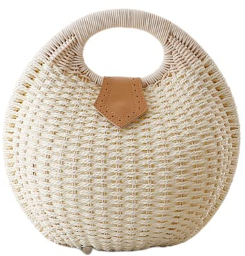 HINGTAT Sac en rotin rond de style bohème - Fait à la main - Pour femme - Tendance - Sac de plage d'été - Sac à bandoulière en rotin classique - Sac en paille chic, blanc