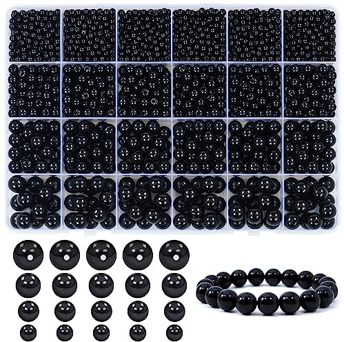 Dotilili Black Glass Pearl Beads 1890 Pcs, 4/6/8/10mm Smooth Round Spacer Beads with Holes Plastic Loose Beads for Crafting Eyes Jewellery Making DIY Bracelet Necklace Earrings Knitting Decorations