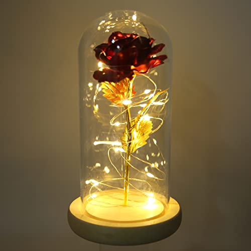 Rose „Die Schöne Und Das Biest“, Ewige Rose in Glaskuppel, Glücksbringer, Schöne Symbolik, Romantische Verzauberte Rose, Romantische Geschenke Mit LED-Licht Zum Geburtstag, Hochzeitstag(Dunkelrot)