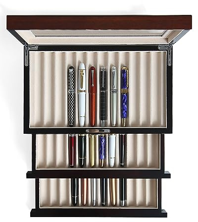 Besforu Wood Pen Display Case 36 Slot Fountain Pen Box Storage Organizer with Drawer, Top Glass Window, Brown 36 Slots - White Velvet, 13.4 x 7.9 x 5.7