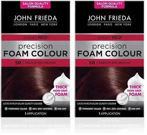 John Frieda Precision Foam Colour 5R, Salon-Finish Medium Red Brown Hair Dye, Permanent Red Brown Hair Colour, 100% Grey Coverage (Pack of 2)