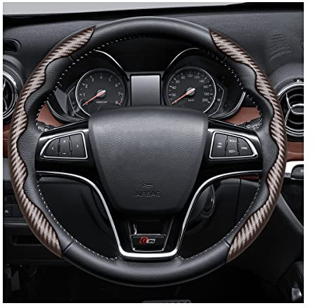 CGEAMDY PU Kohlfaser segmentierter Lenkradschutz, Modisch Segmentierte Auto Lenkradschutz, Anti Rutsch Atmungsaktiv Lenkradhülle, Auto Lenkradhülle Leder (Kaffee)