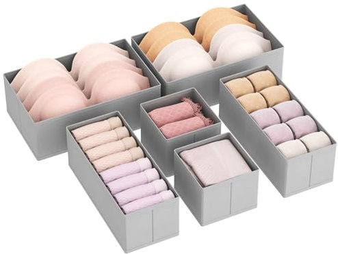 Lifewit 6 Piezas Organizador Cajones de Plegable, Almacenaje Ropa Interior para Armario Vestidor Dormitorio Estantes, Caja Almacenamiento para Separador Calcetines/Corbatas/Cinturones, Gris Claro