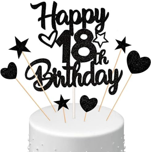 Conruich Tortendeko 18. Geburtstag Jungen, Kuchendeko Happy 18th Birthday Schwarz, Glitzer Kuchen Topper 18. Geburtstag Ballons Konfetti Papierfächer für Geburtstagstorte Deko 18 Jahre Junge Mädchen