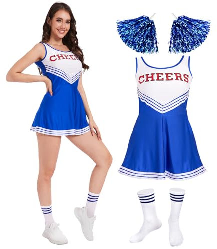 FORMIZON Cheerleader Kostüm, Cheerleader Kostüm Damen Sexy, Cheerleading Uniform Kein mit Pompons und Socken, High School Cheerleader Kostüm für Halloween Verkleidung Karneval (Blau, L)