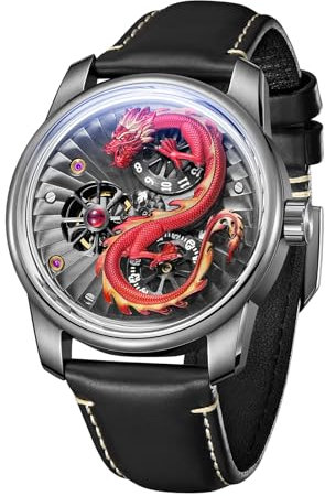 OBLVLO Top-Marke Herren-Armbanduhr mit Drachen-Zifferblatt, Leder, Automatikuhr, leuchtend, wasserdicht, transparent, mechanische Uhr JM-Dragon, Jm-dragon-yrbl, Luxuriös
