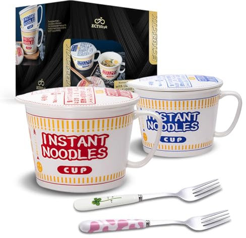 Ramen - Lot de 2 bols à soupe en céramique - Avec couvercle et poignée - Rouge et bleu