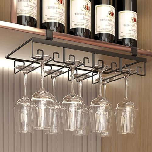 ZYZSY Under Cabinet Wine Glass Rack, Wine Glass Rack For Kitchen Bar, No Drilling Required, Glassware Drying Hanger, For Red Wine Glass, Champagne Glass, Cocktail Glass (Color : Black)