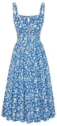 SCARLET DARKNESS Damen Freizeit Maxikleid Elegant mit Schnürung Gesmokt Blumenkleid Dunkelblau-Weiß Blumen XL