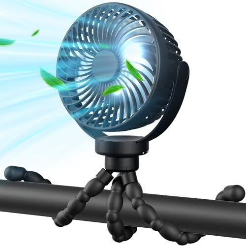 VOSFEEL 5200 mAh Pram Fan Clip on Stroller with LED Lights 3 Speed, Rechargeable, Pushchair Cooling Buggy Silicone Tripod Portable Holiday Usb Mini Handheld Kids
