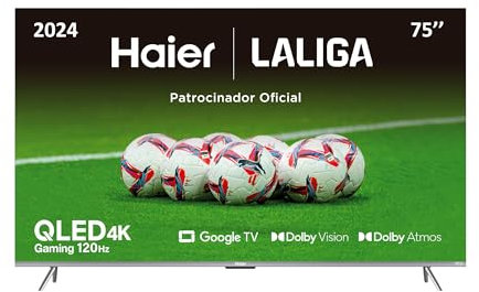 Haier QLED 4K UHD H75Q800UX 75'' Smart TV, Google TV, Dolby Atmos y Dolby Vision, HDR 10, Smart Remote Control, Google Assistant, Bluetooth 5.1, DBX TV, HDMI 2.1 x 4, Sin Marcos, 2024