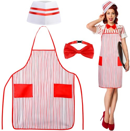 XEPST 3 stücke Erwachsene Kellner Kostüm Kit-1950er jahre Kellnerin Kostüm Zubehör Set mit Kochmütze Rot und Weiß Gestreifte Schürze Fliege für Halloween Cosplay Karneval Fancy Dress Up Party