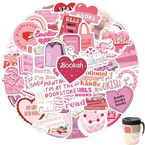 60 Pcs Pink Bookish Stickers, Waterproof Vinyl Stickers, Reading for Kindle Scrapbook Water Bottles Laptops