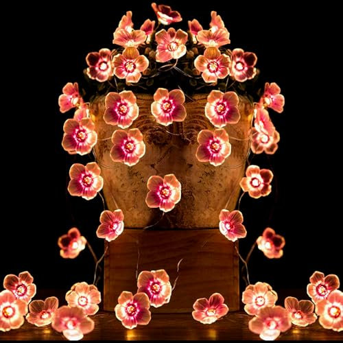 Gebiuhoo Catena luminosa rosa Fairy Lights 1 pezzo 5 m stringa 50 lampadine LED decorative rosa Cherry Blossom 8 modalità di illuminazione, design floreale per interni ed esterni