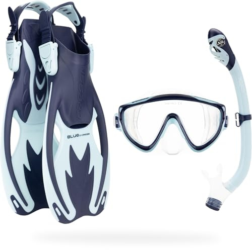 CRESSI Tinetto Rocks Dry Set Blue Navy/Ice Cyan [L/XL] - Set de Snorkel para Niños con Aletas Cortas Ajustables, Máscara de Silicona y Tubo Seco, Azul Marino/Azul Hielo, L/XL