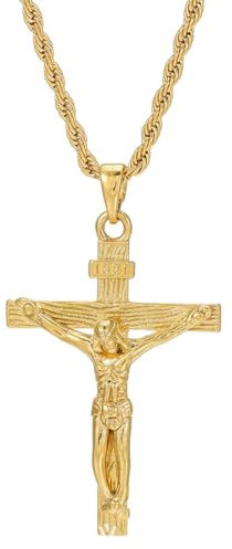 Collar de Cruz Dorada de Jesucristo - Colgante de Crucifijo de Cristo en Acero Inoxidable - Joyería Religiosa para Hombres y Mujeres - Regalos de Joyería Religiosa